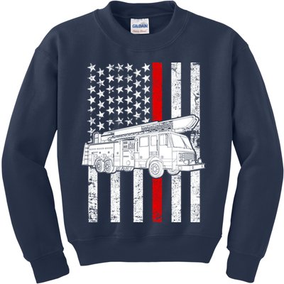 Fire Truck American Firefighter Thin Red Line Flag Kids Sweatshirt