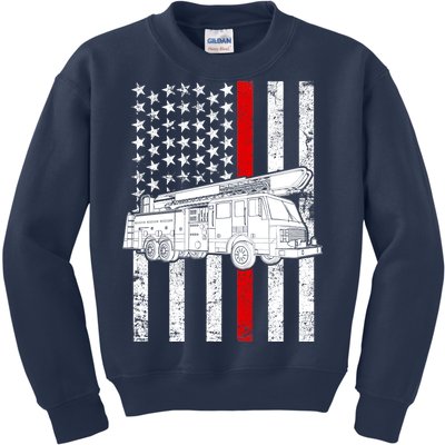 Fire Truck American Firefighter Thin Red Line Flag Kids Sweatshirt