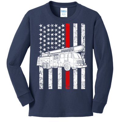 Fire Truck American Firefighter Thin Red Line Flag Kids Long Sleeve Shirt