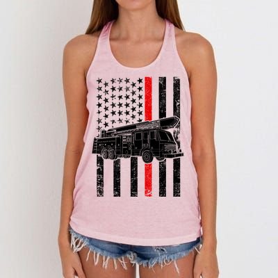 Fire Truck American Firefighter Thin Red Line Flag Women's Knotted Racerback Tank