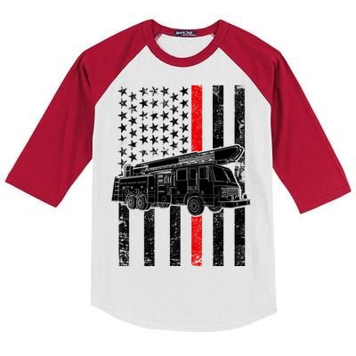 Fire Truck American Firefighter Thin Red Line Flag Kids Colorblock Raglan Jersey