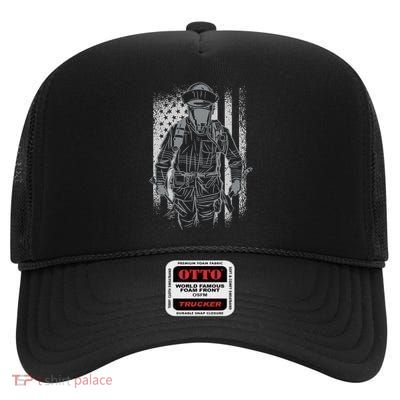 Firefighter American Flag High Crown Mesh Back Trucker Hat