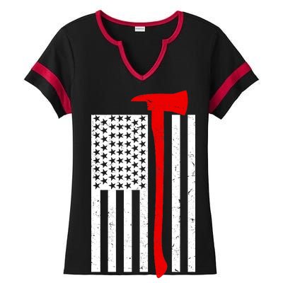 Firefighter Axe American Flag Ladies Halftime Notch Neck Tee