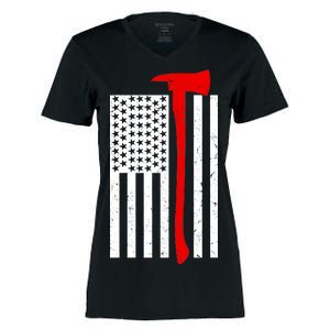 Firefighter Axe American Flag Women's Momentum V-Neck T-Shirt