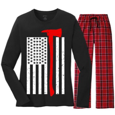 Firefighter Axe American Flag Women's Long Sleeve Flannel Pajama Set 