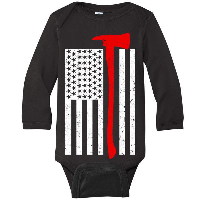 Firefighter Axe American Flag Baby Long Sleeve Bodysuit