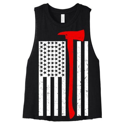 Firefighter Axe American Flag Women's Racerback Cropped Tank