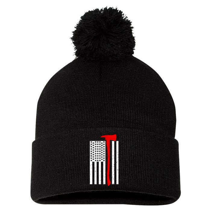 Firefighter Axe American Flag Pom Pom 12in Knit Beanie