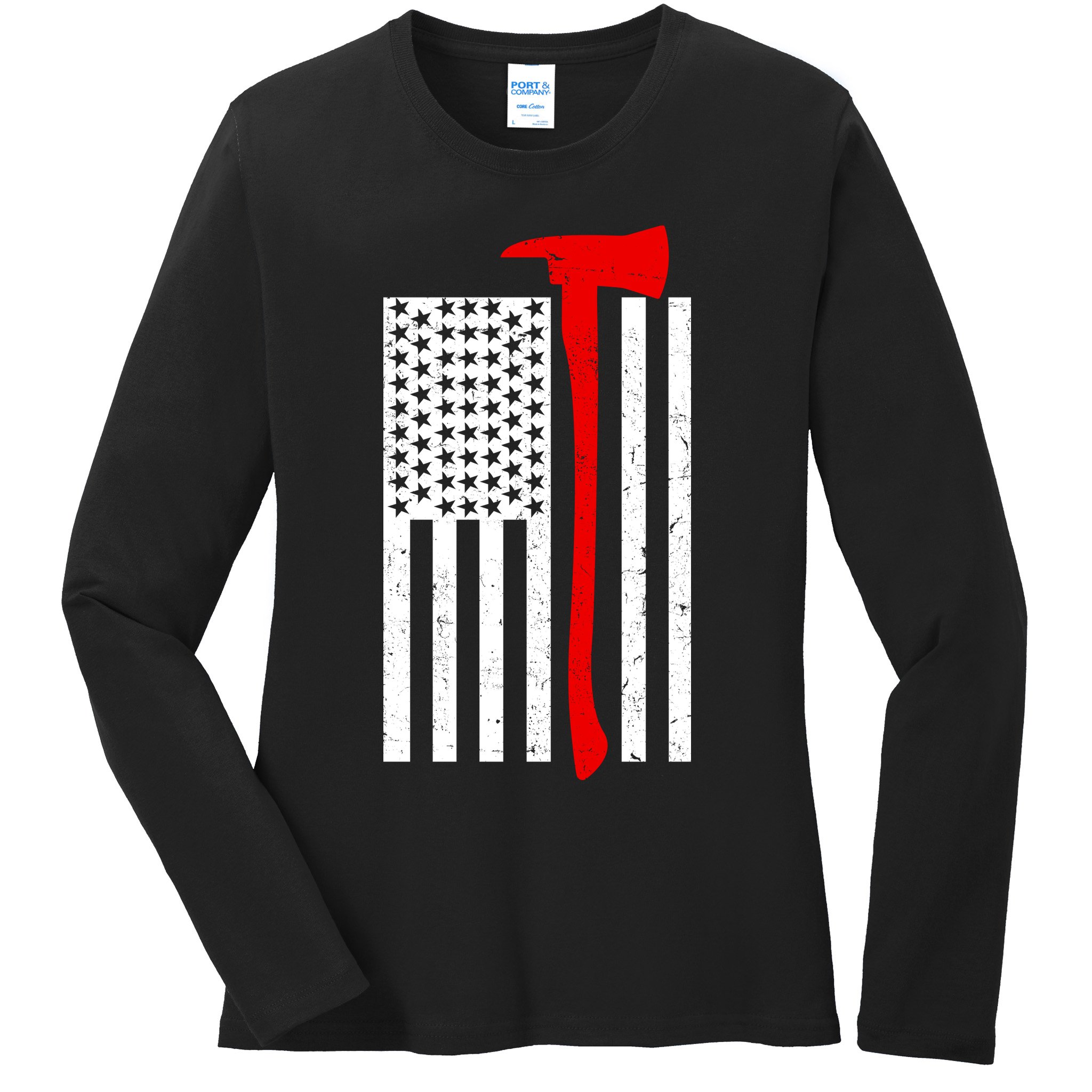 Firefighter Axe American Flag Ladies Long Sleeve Shirt
