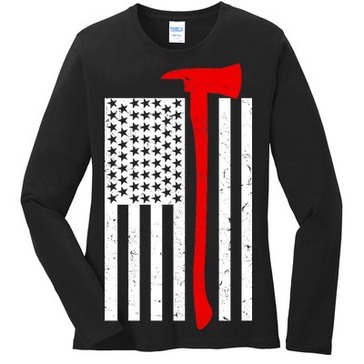 Firefighter Axe American Flag Ladies Long Sleeve Shirt