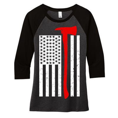 Firefighter Axe American Flag Women's Tri-Blend 3/4-Sleeve Raglan Shirt