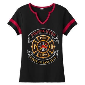 Firefighter Biker Logo First In Last Out Ladies Halftime Notch Neck Tee