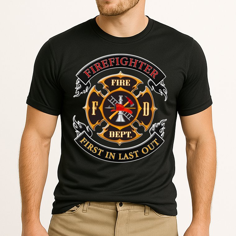 Firefighter Biker Logo First In Last Out Performance Shirt