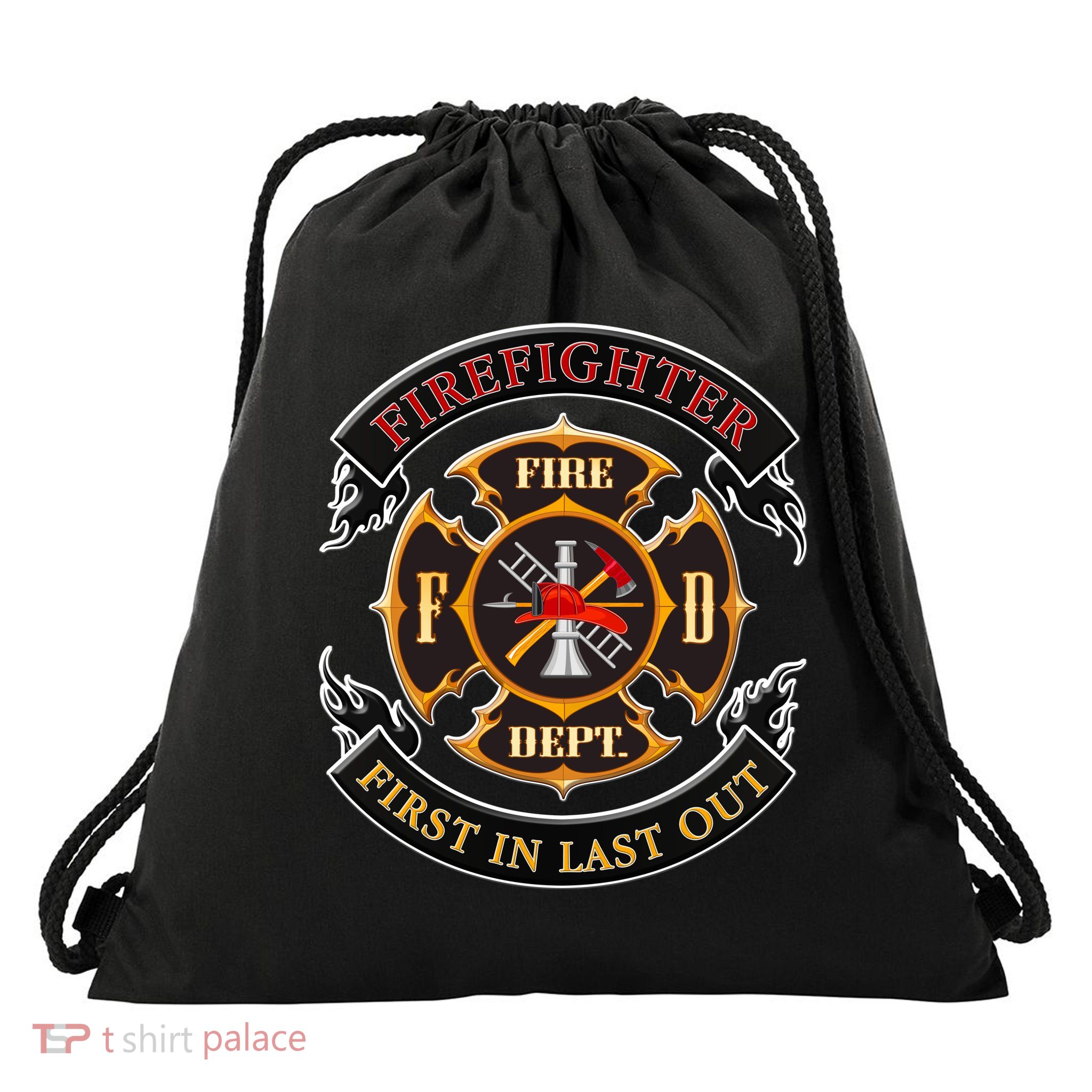 Firefighter Biker Logo First In Last Out Drawstring Bag