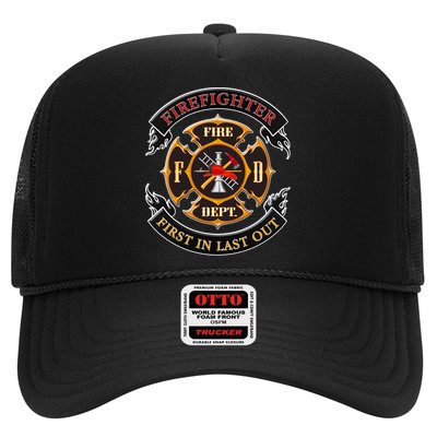 Firefighter Biker Logo First In Last Out Trucker Hat