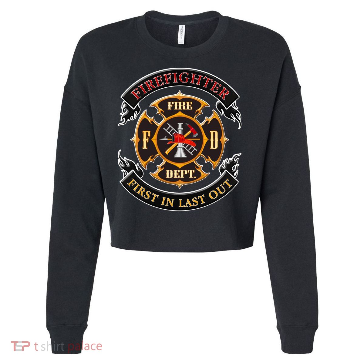 Firefighter Biker Logo First In Last Out Cropped Pullover Crew
