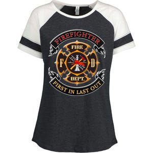 Firefighter Biker Logo First In Last Out Enza Ladies Jersey Colorblock Tee