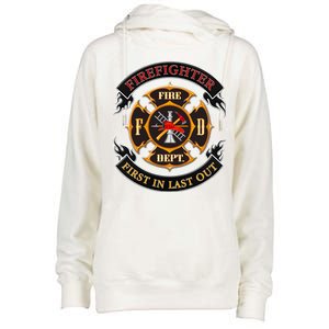 Firefighter Biker Logo First In Last Out Womens Funnel Neck Pullover Hood