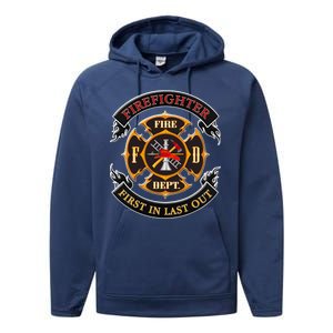 Firefighter Biker Logo First In Last Out Performance Fleece Hoodie