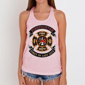 Firefighter Biker Logo First In Last Out Women's Knotted Racerback Tank