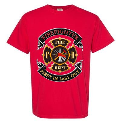 Firefighter Biker Logo First In Last Out Garment-Dyed Heavyweight T-Shirt