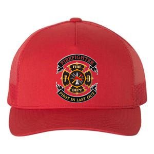 Firefighter Biker Logo First In Last Out Yupoong Adult 5-Panel Trucker Hat