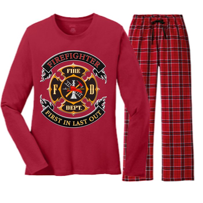 Firefighter Biker Logo First In Last Out Women's Long Sleeve Flannel Pajama Set 