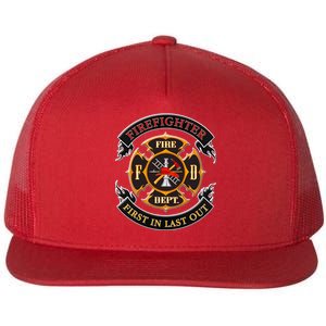 Firefighter Biker Logo First In Last Out Flat Bill Trucker Hat