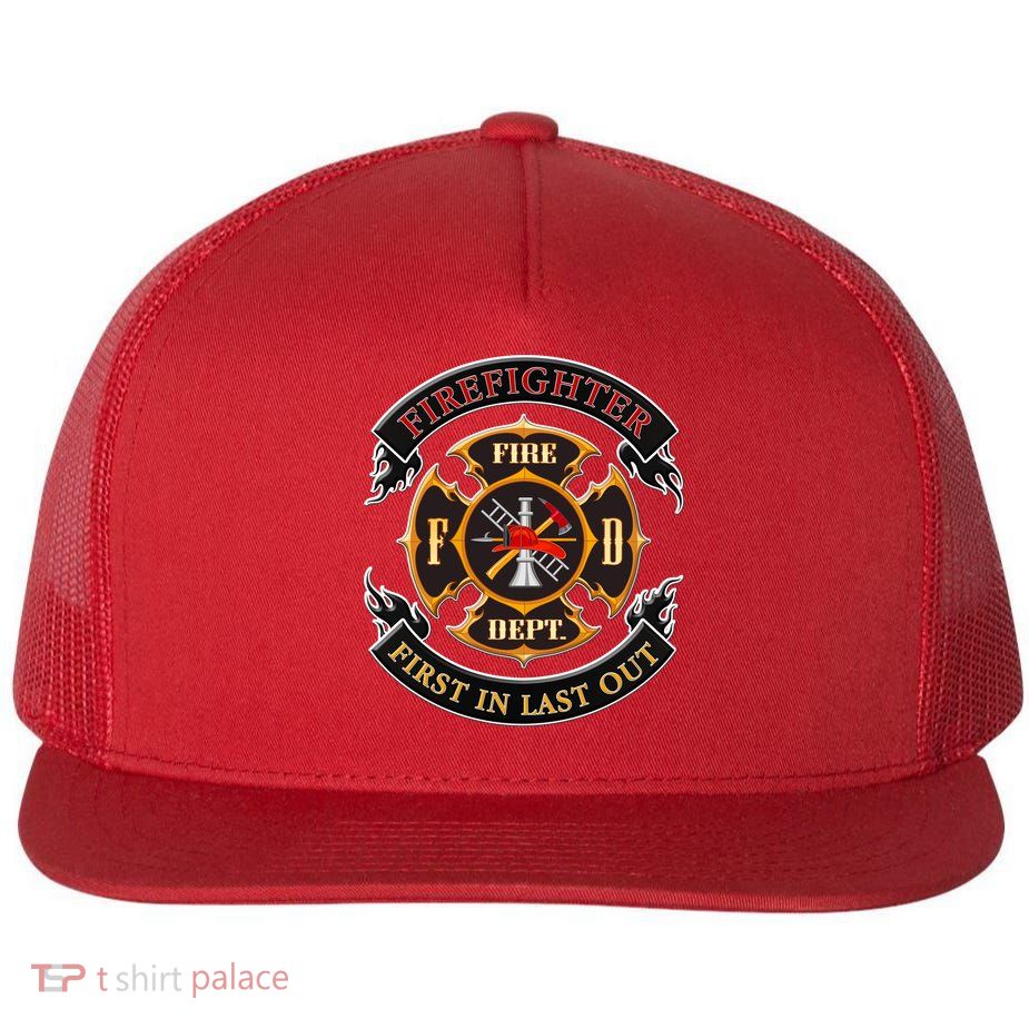 Firefighter Biker Logo First In Last Out Flatbill Hat