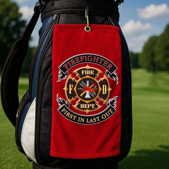 Firefighter Biker Logo First In Last Out Golf Towel