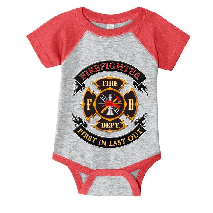 Firefighter Biker Logo First In Last Out Infant Baby Jersey Bodysuit