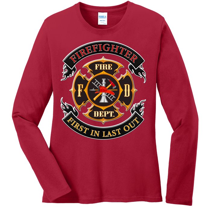 Firefighter Biker Logo First In Last Out Ladies Long Sleeve Shirt