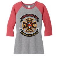 Firefighter Biker Logo First In Last Out Women's Tri-Blend 3/4-Sleeve Raglan Shirt