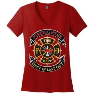 Firefighter Biker Logo First In Last Out Women's V-Neck T-Shirt