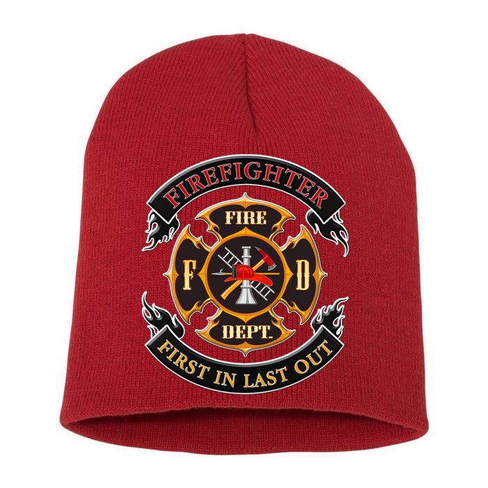 Firefighter Biker Logo First In Last Out Short Acrylic Beanie