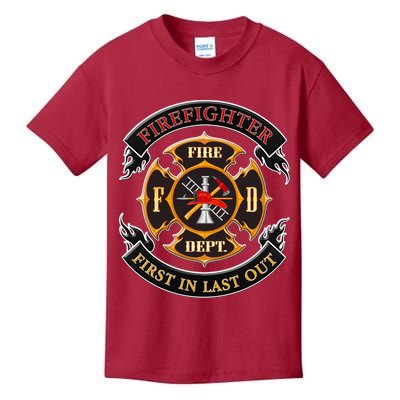 Firefighter Biker Logo First In Last Out Kids T-Shirt