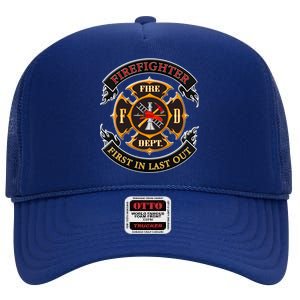 Firefighter Biker Logo First In Last Out High Crown Mesh Back Trucker Hat