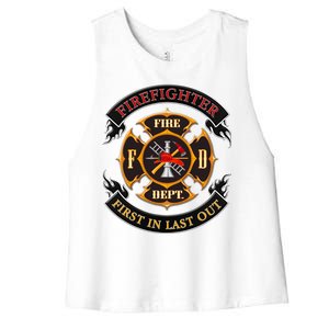 Firefighter Biker Logo First In Last Out Women's Racerback Cropped Tank