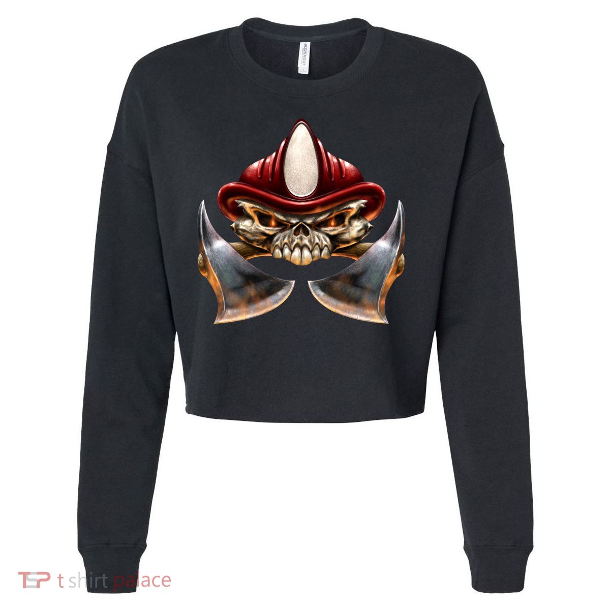 Firefighter Fire Skull Axe Cropped Pullover Crew