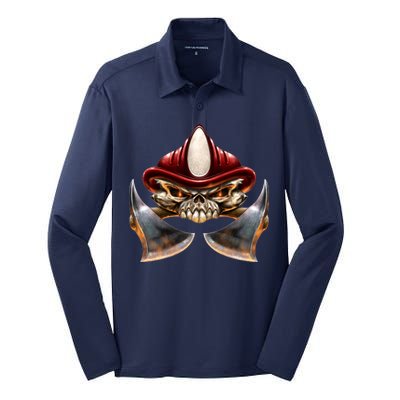 Firefighter Fire Skull Axe Silk Touch Performance Long Sleeve Polo