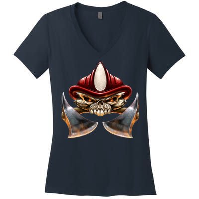 Firefighter Fire Skull Axe Women's V-Neck T-Shirt