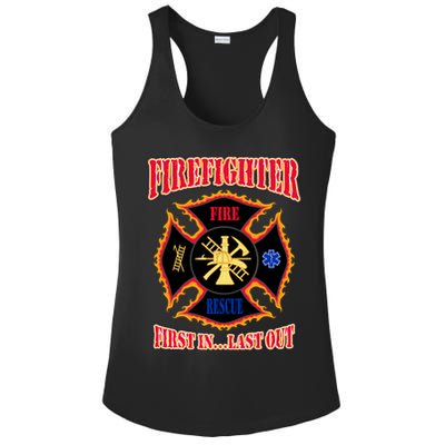Firefighter First In Last Out Ladies PosiCharge Competitor Racerback Tank