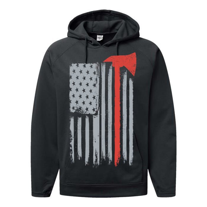 Firefighter Red Axe Vintage American Flag Performance Fleece Hoodie