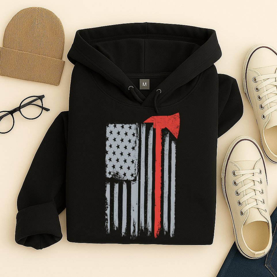 Firefighter Red Axe Vintage American Flag Hoodie