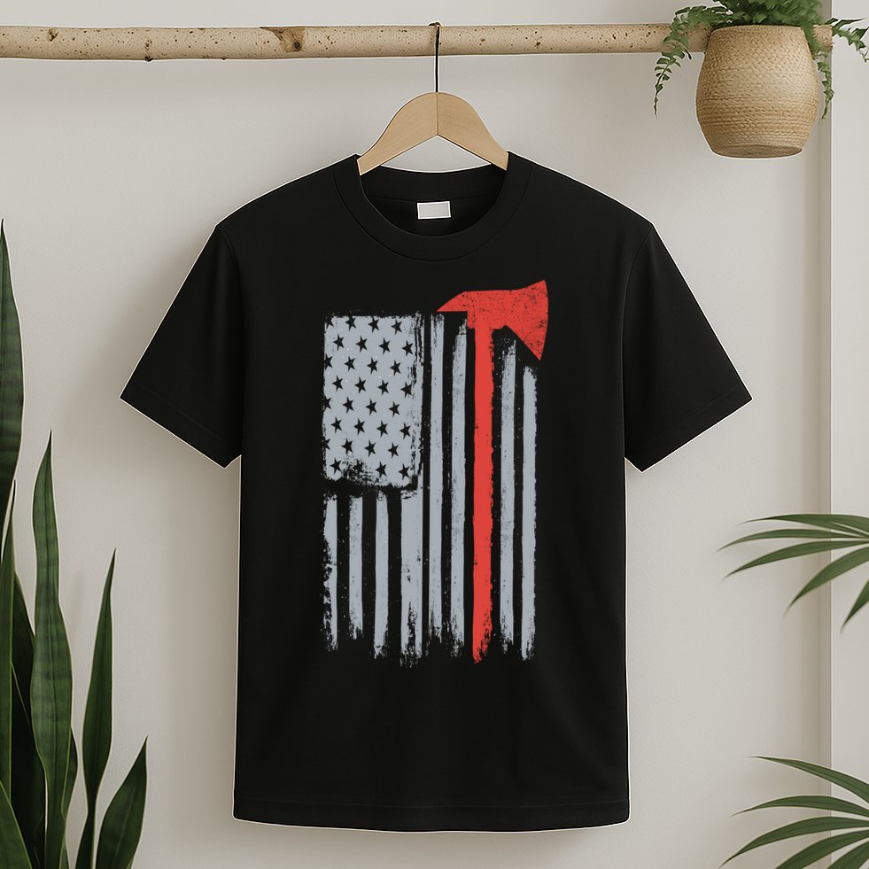 Firefighter Red Axe Vintage American Flag T-Shirt