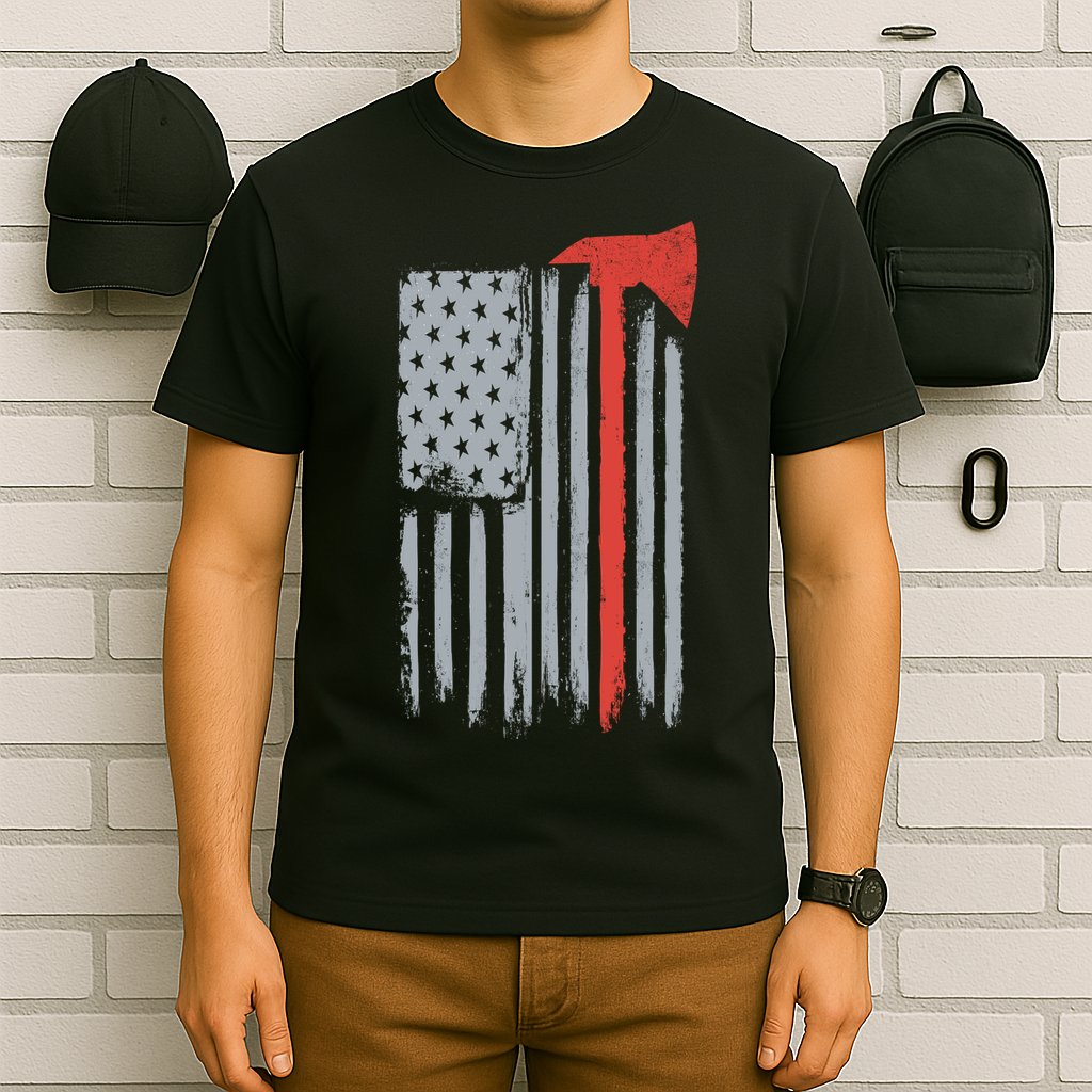 Firefighter Red Axe Vintage American Flag T-Shirt