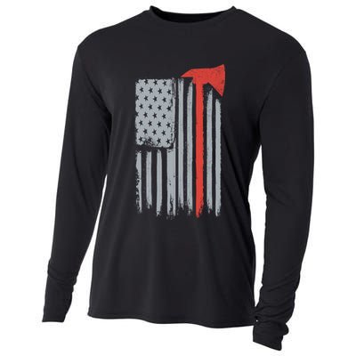 Firefighter Red Axe Vintage American Flag Cooling Performance Long Sleeve Crew