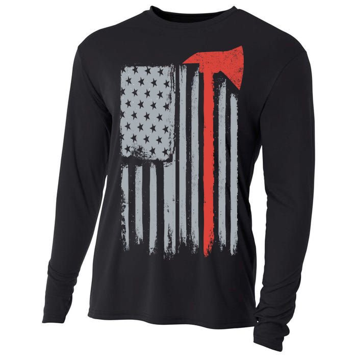 Firefighter Red Axe Vintage American Flag Cooling Performance Long Sleeve Crew