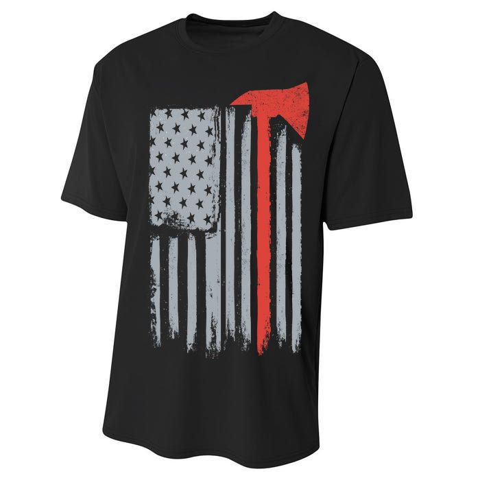 Firefighter Red Axe Vintage American Flag Performance Sprint T-Shirt