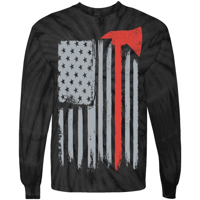 Firefighter Red Axe Vintage American Flag Tie-Dye Long Sleeve Shirt